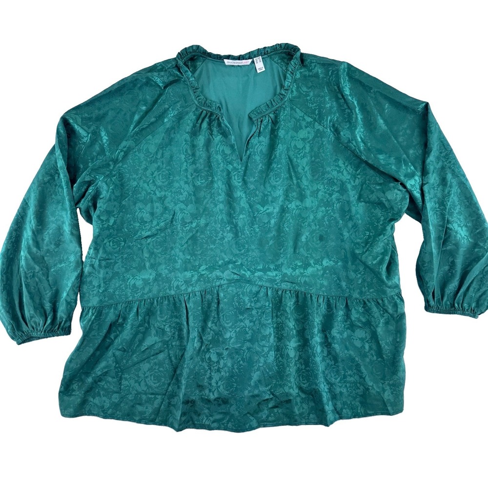 Isaac Mizrahi Live! Stretch Jacquard Shirred Peplum Blouse 28W Green